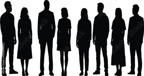 Silhouette of eight diverse adults and children standing in a row, showcasing formal and casual clothing styles, representing fashion, posture, identity, and unity