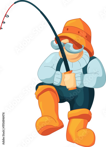 Angler cartoon character. Fishing man hold rod