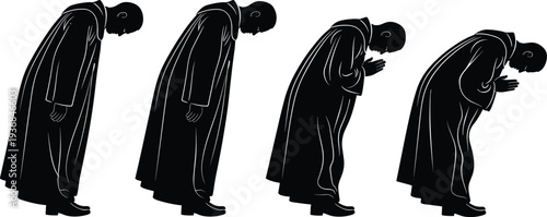 Set of Silhouettes Featuring a Priest or Monk in Long Robes Bowing Deeply with Hands in Prayer Position for Religious Ceremony and Spiritual Devotion