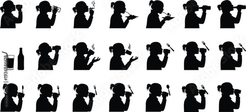 Set of silhouette icons showing a woman eating, drinking coffee, smoking, and using various utensils for catering and lifestyle concepts.