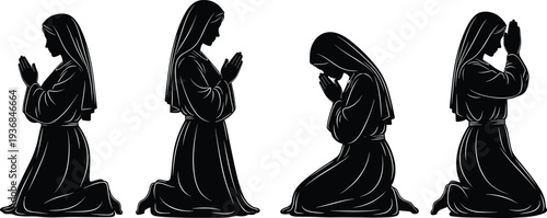 Set of silhouettes showing a religious woman kneeling in prayer, expressing faith, devotion, and spirituality for Christian church and worship concepts.