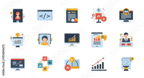 Set of flat design icons representing business technology data and analytics concepts.