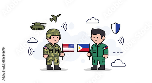 Military Cooperation Illustration with Flags and Security Elements