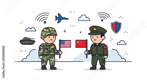 Military Diplomacy with Flags, Airplane, and Security Icons