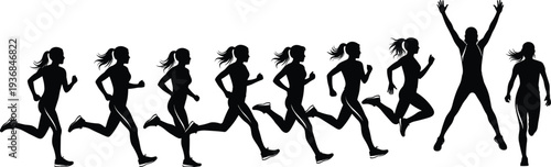 Silhouette progression of a woman running and jumping for joy representing a healthy lifestyle, fitness goals, success, and athletic achievement