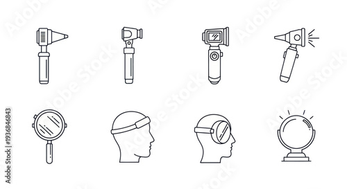 Otoscopes and Head Mirrors: Medical Examination Equipment Line Art.