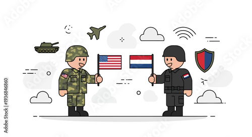 Soldier and police officer holding national flags in a friendly encounter