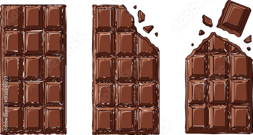 Chocolate Bar Set Whole Bitten and Broken Pieces Sweet Dessert Candy Vector Illustration