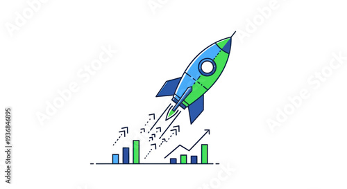 Stylized Rocket Launching from Growth Chart Representing Business Progress and Startup Success.