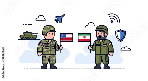 Military Diplomacy with Flags and Shield Symbols