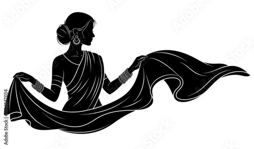 Indian Woman Side Profile Sari Silhouette Black Cultural Vector Isolated on White Background