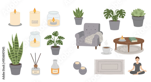 A curated collection of cozy home decor and relaxation elements including furniture houseplants and aromatherapy items.