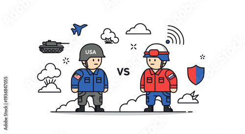 Illustration of Military Characters Facing Off with Digital Elements