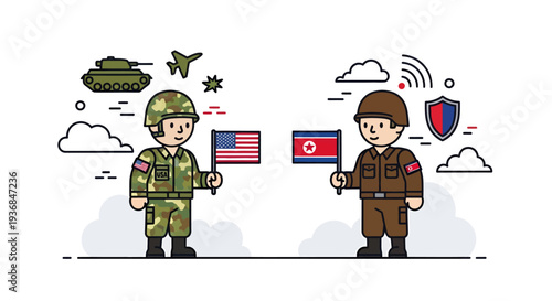 Military Soldiers Holding Flags with Communication and Technology Elements