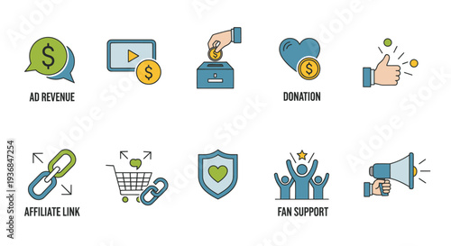Colorful Hand-Drawn Style Icons for Online Monetization and Digital Support.