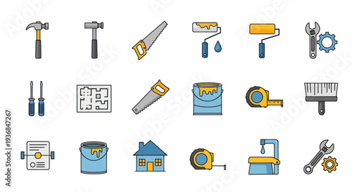 Colorful Handyman Tools and Home Improvement Icons Set.