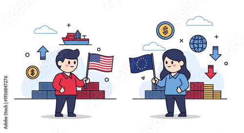 Businesspeople with Flags and Financial Growth Symbols