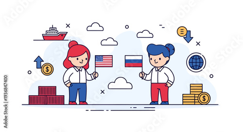Bilateral Business Agreement Between Two Characters with Financial Symbols