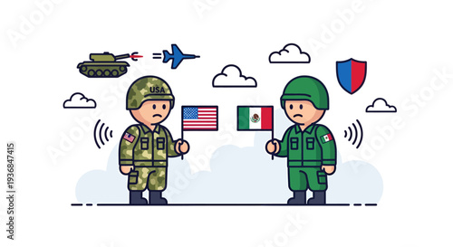 Soldiers from US and Mexico Facing Off with Flags
