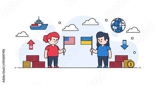 Businessmen Trading Flags of USA and Ukraine in International Trade