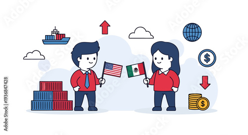 International Business Exchange with Flags and Currency Symbols