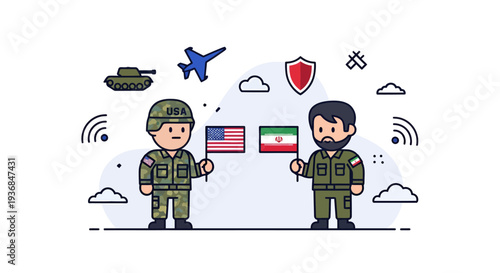 Military Diplomacy Illustration with Soldiers and Flags