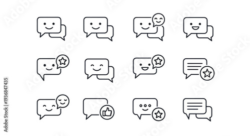 Set of Line Art Chat Bubble Icons with Various Reactions and Feedback Symbols.
