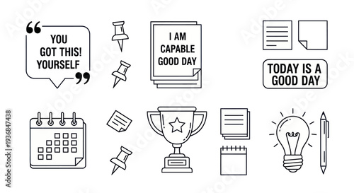 Collection of Motivational Icons and Inspirational Quotes in Black Outline.