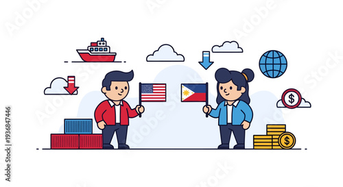 Businessmen Shaking Hands with Flags and Financial Symbols