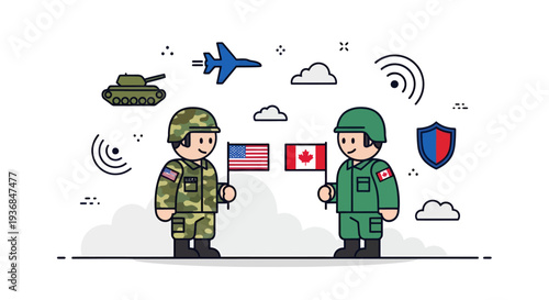 Military personnel exchanging flags in a digital illustration
