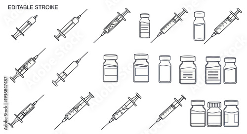 Collection of Hand-Drawn Syringes and Vials for Medical Use.