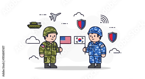 Military Collaboration Between US and South Korea Digital Illustration