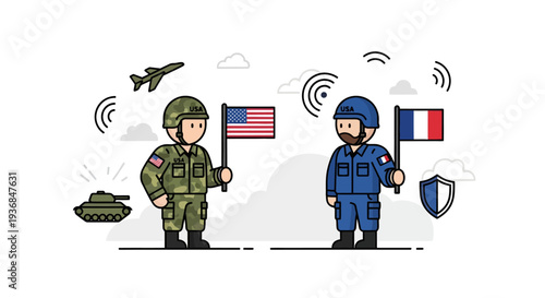Military and Defense Illustration with Soldiers and Equipment