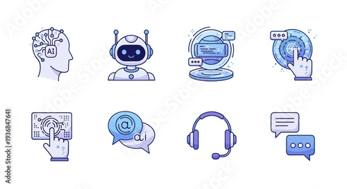 Hand-drawn doodle icon set for artificial intelligence chatbot and online communication support.