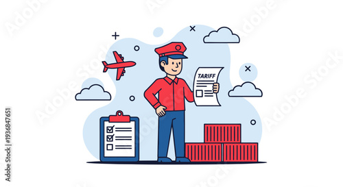 Cartoon Flight Attendant Checklist and Suitcase with Luggage