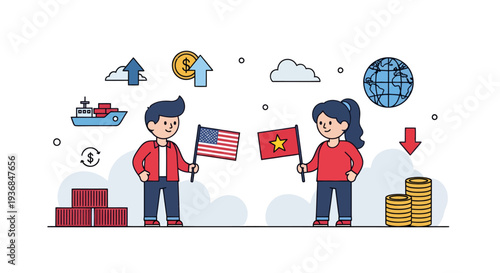 Business Collaboration Between USA and Vietnam with Financial Symbols