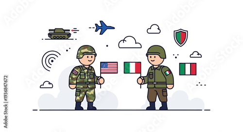 Soldiers Communicating in a Military Environment with Flags and Symbols