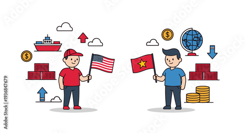 Businessmen Exchange Flags Amid Global Trade Symbols