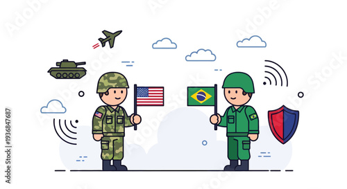 Military Personnel Exchange with Flags and Defense Symbols