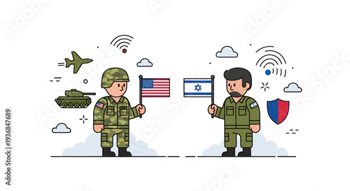Military Diplomacy Between US and Israeli Soldiers with Flags and Symbols