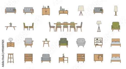 Collection of Furniture Icons: Sofas Chairs Tables Lamps and Beds.