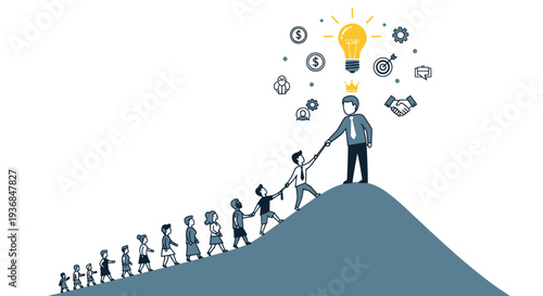 Business leader guiding team up mountain towards bright idea lightbulb.