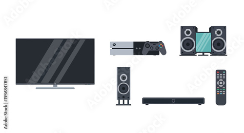 Modern home entertainment and gaming electronics set with a television console speakers and soundbar.