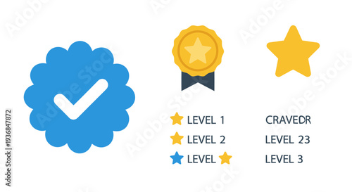 Blue Verified Badge Gold Medal and Yellow Star Icons for Achievement Levels.