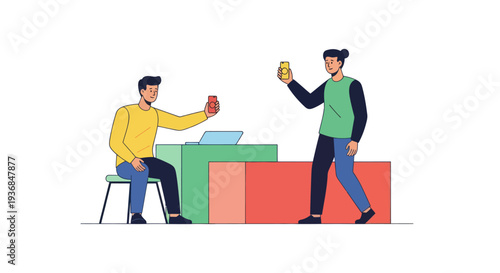 Two young men taking selfies or video calling with smartphones cartoon illustration.