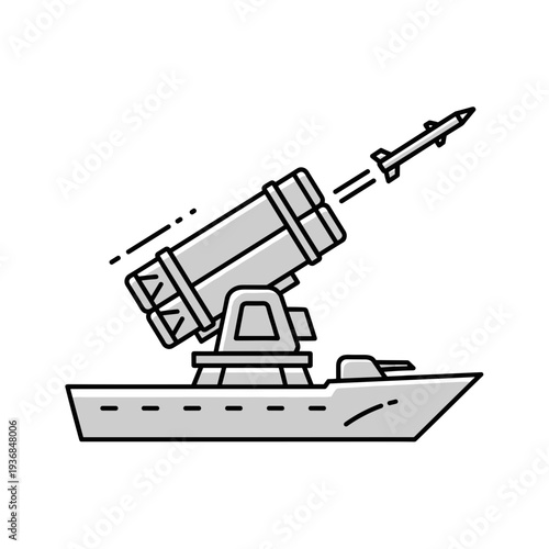 Naval missile launcher on ship launching a projectile  