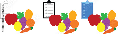 Healthy Food Checklist Icon Set, Nutrition Plan Clipboard with Fruits and Vegetables Vector