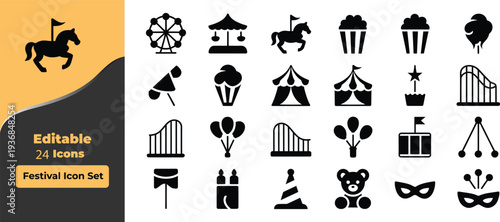 Festival set with carousel horse Ferris wheel and roller coaster