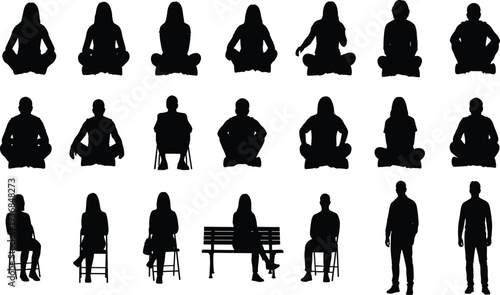 Collection of silhouettes showing adults and children seated and standing in various postures, representing human poses, ergonomics, diversity, and expressive design