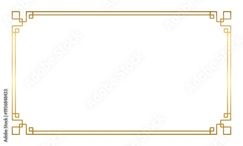 Gold photo frame. Golden glowing geometric boarder and vintage rectangle elegant decorative element for wedding invitations. Vector illustration isolated on transparent background